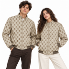 Beige & Brown GG Monogram Jacquard Knit Zip-Up Jacket