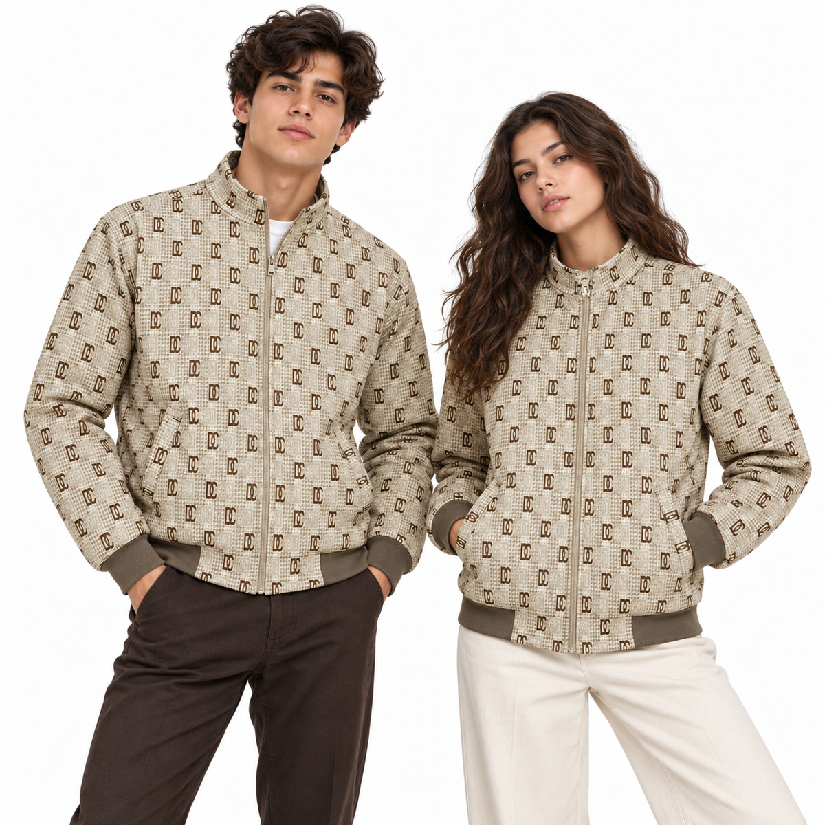 Beige & Brown GG Monogram Jacquard Knit Zip-Up Jacket