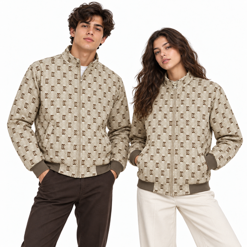 Beige & Brown GG Monogram Jacquard Knit Zip-Up Jacket