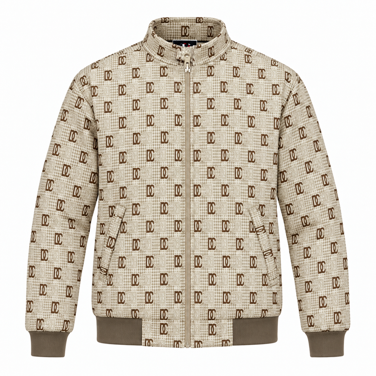 Beige & Brown GG Monogram Jacquard Knit Zip-Up Jacket
