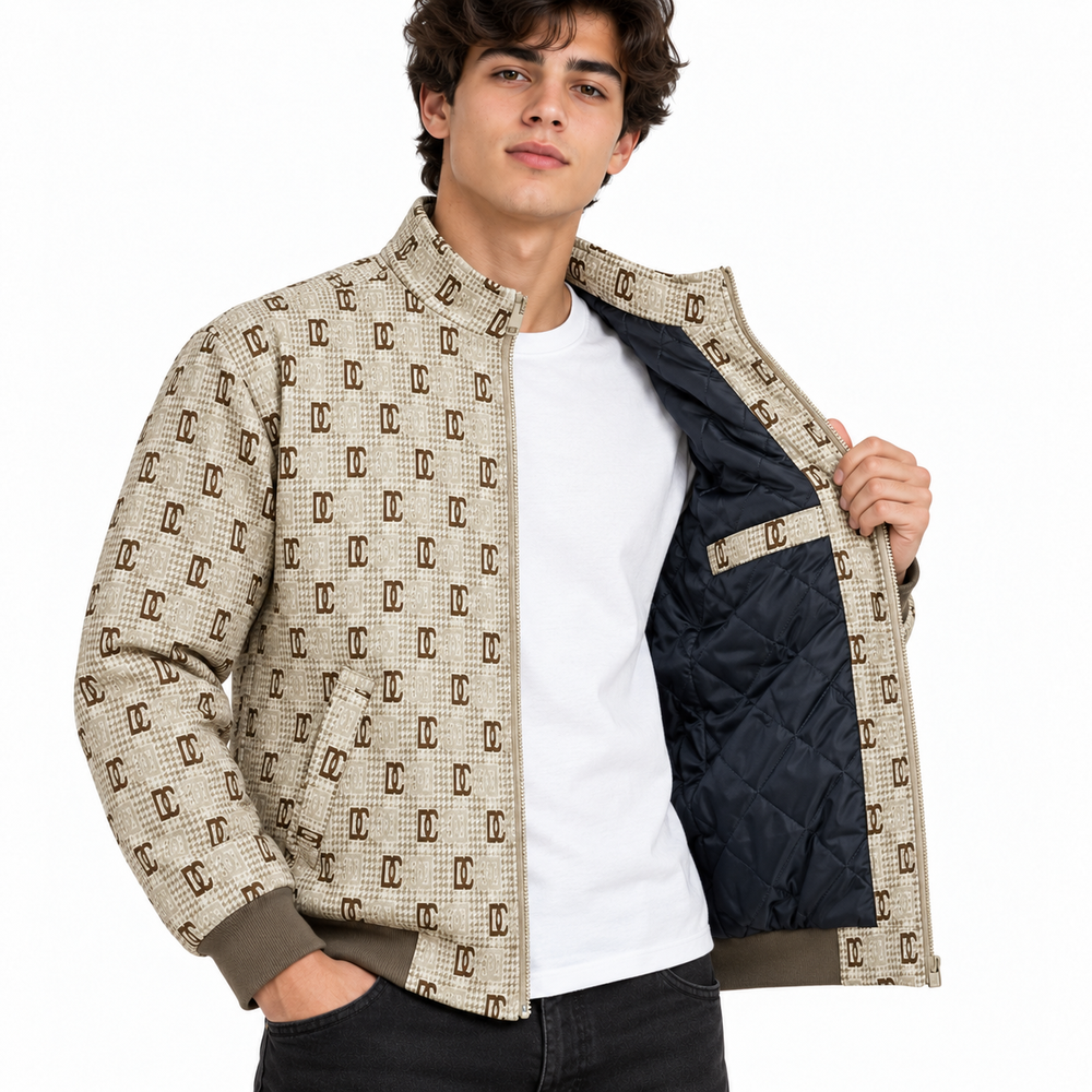 Beige & Brown GG Monogram Jacquard Knit Zip-Up Jacket