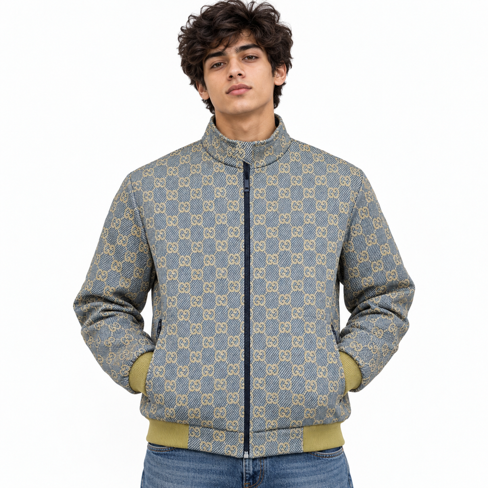 Grey & Beige GG Monogram Jacquard Knit Zip-Up Jacket