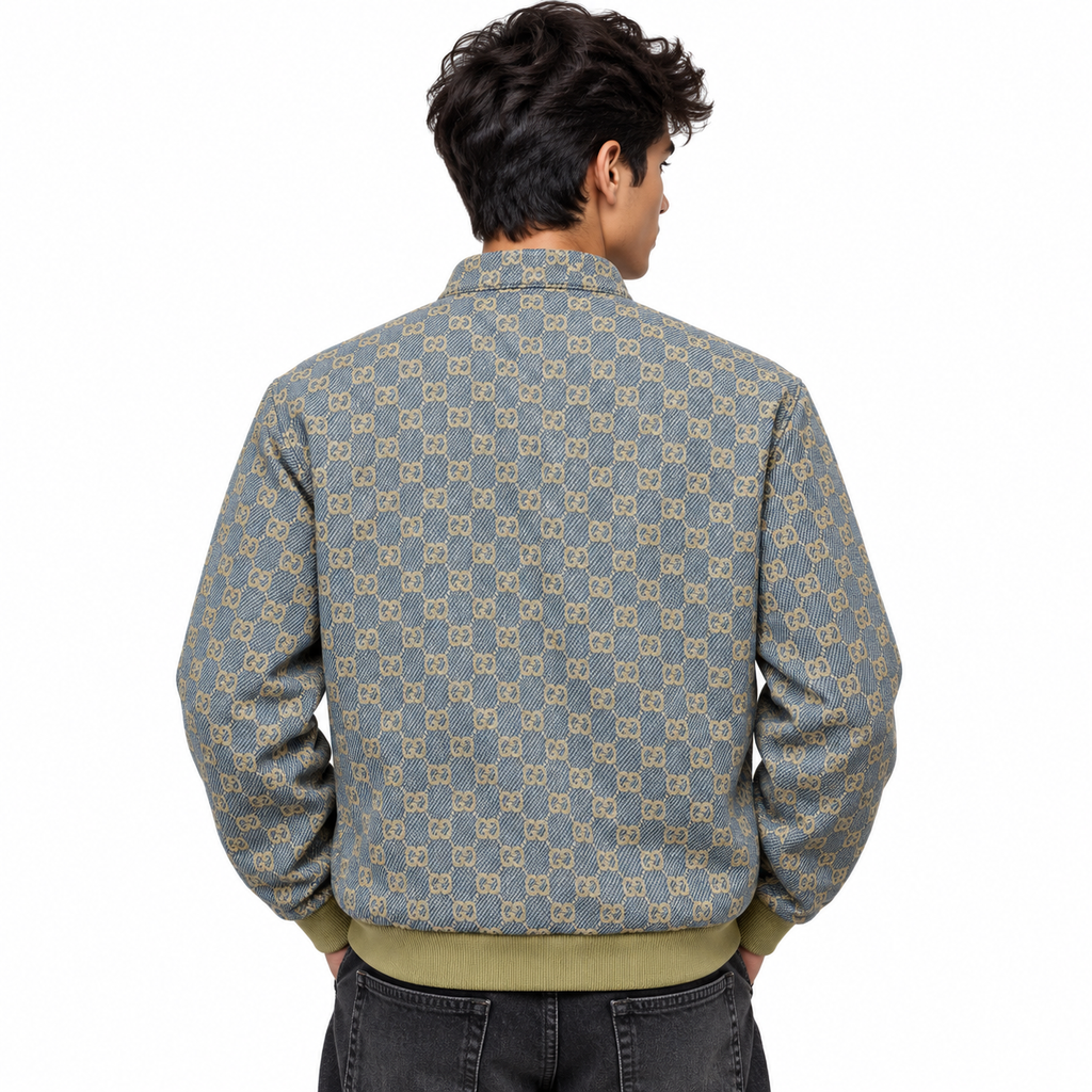 Grey & Beige GG Monogram Jacquard Knit Zip-Up Jacket