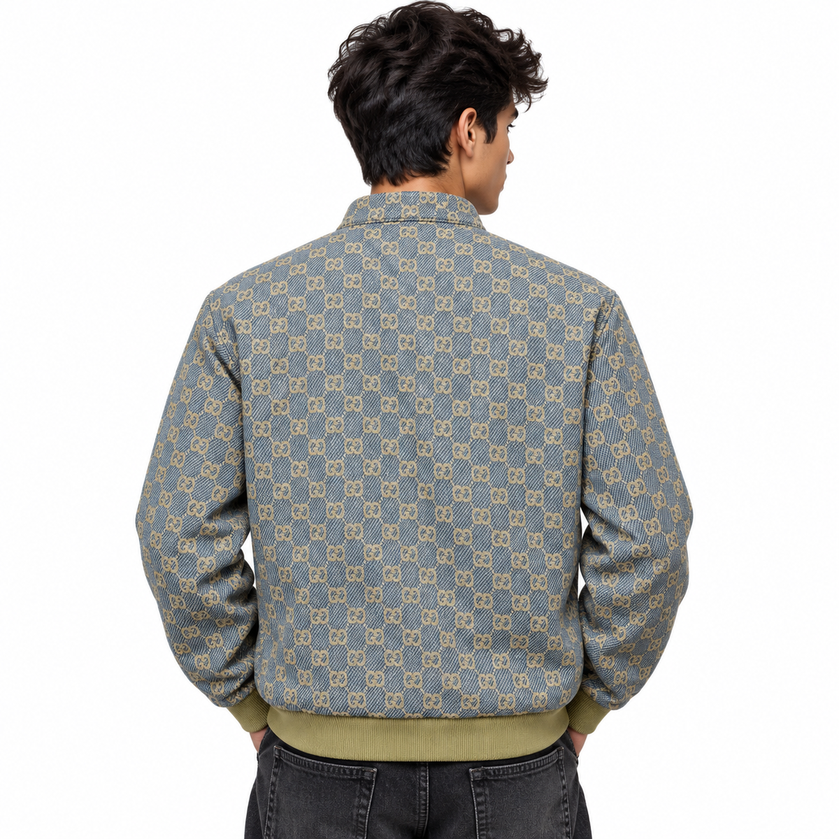 Grey & Beige GG Monogram Jacquard Knit Zip-Up Jacket