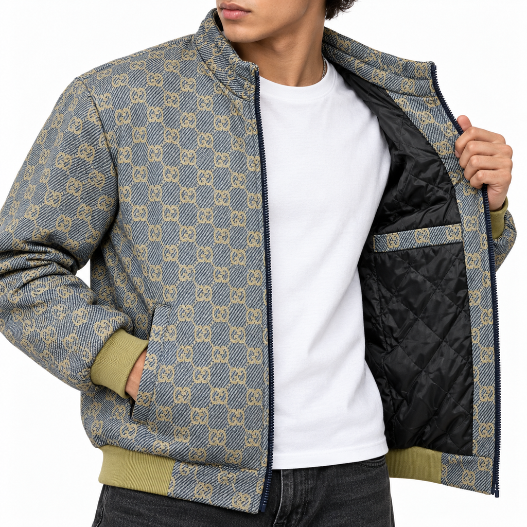 Grey & Beige GG Monogram Jacquard Knit Zip-Up Jacket