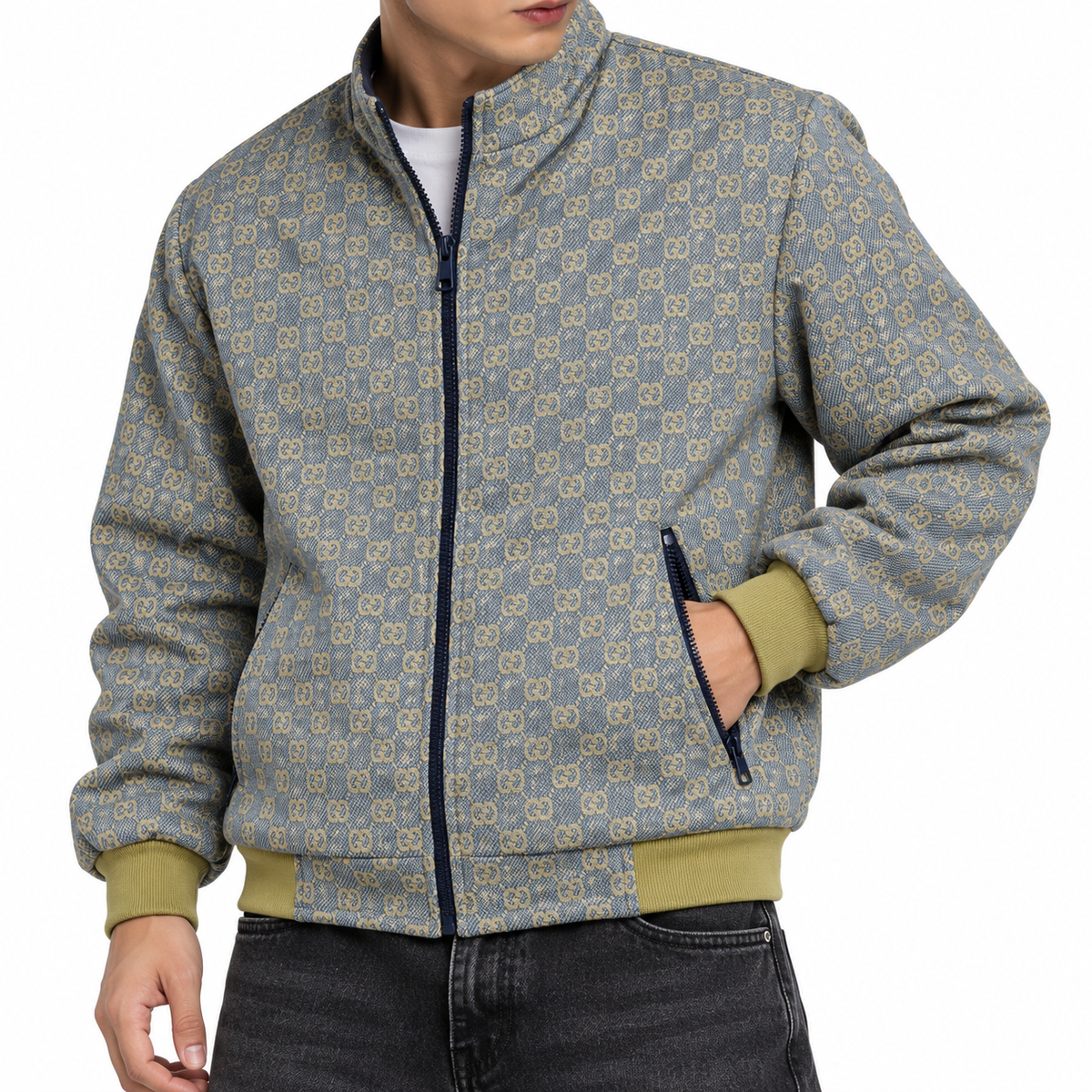 Grey & Beige GG Monogram Jacquard Knit Zip-Up Jacket