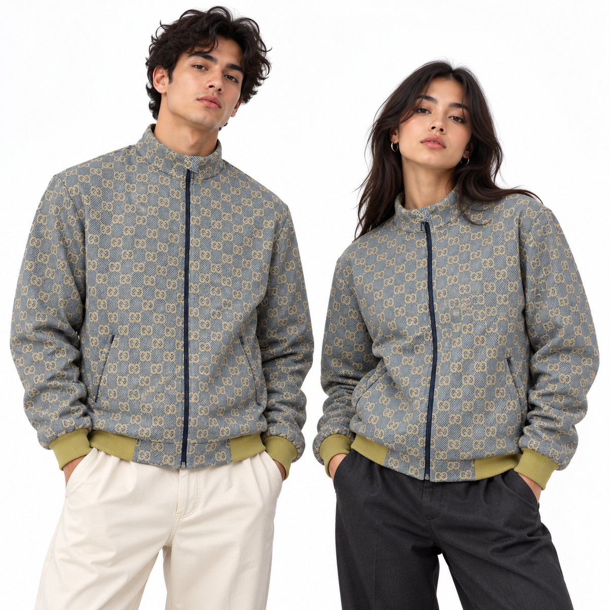 Grey & Beige GG Monogram Jacquard Knit Zip-Up Jacket