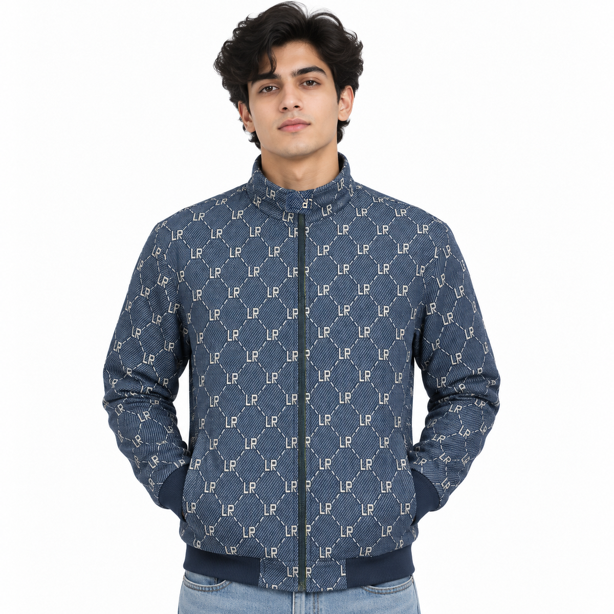Navy & Cream LP Monogram Diamond Jacquard Zip-Up Jacket