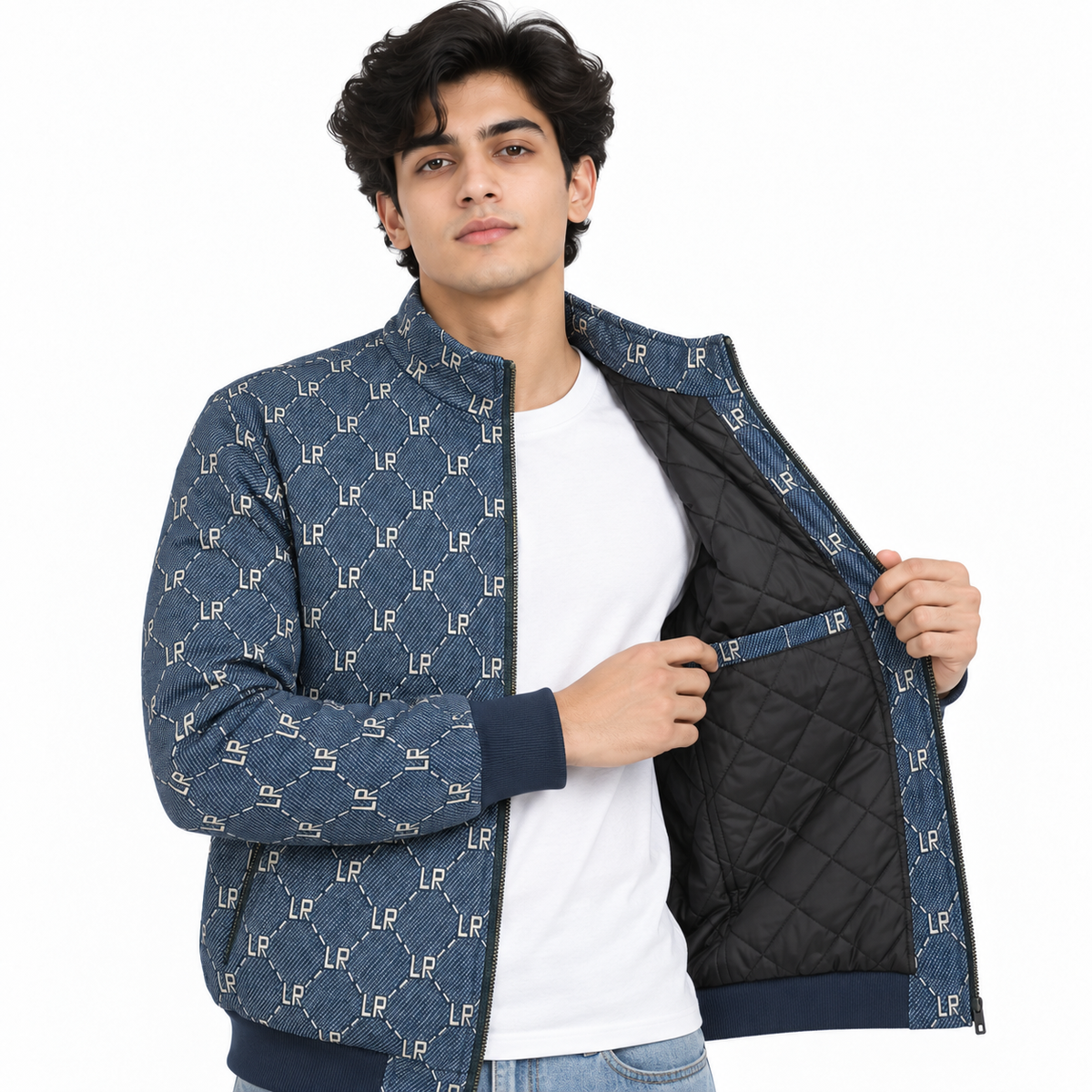 Navy & Cream LP Monogram Diamond Jacquard Zip-Up Jacket