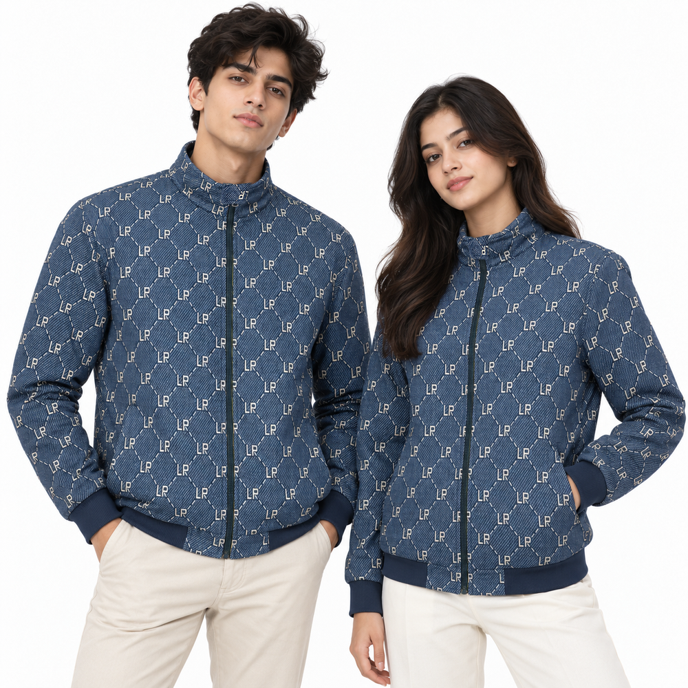 Navy & Cream LP Monogram Diamond Jacquard Zip-Up Jacket