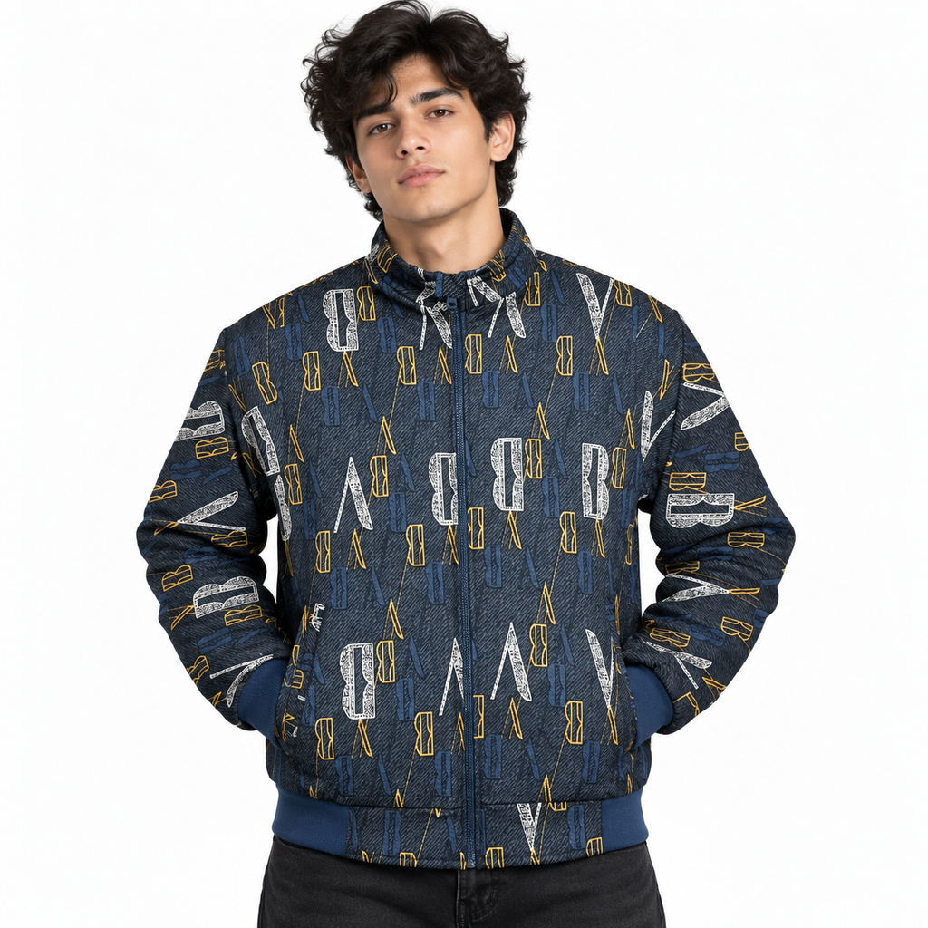 Unisex Navy Blue Letter Print Cotton Zip-Up Jacket