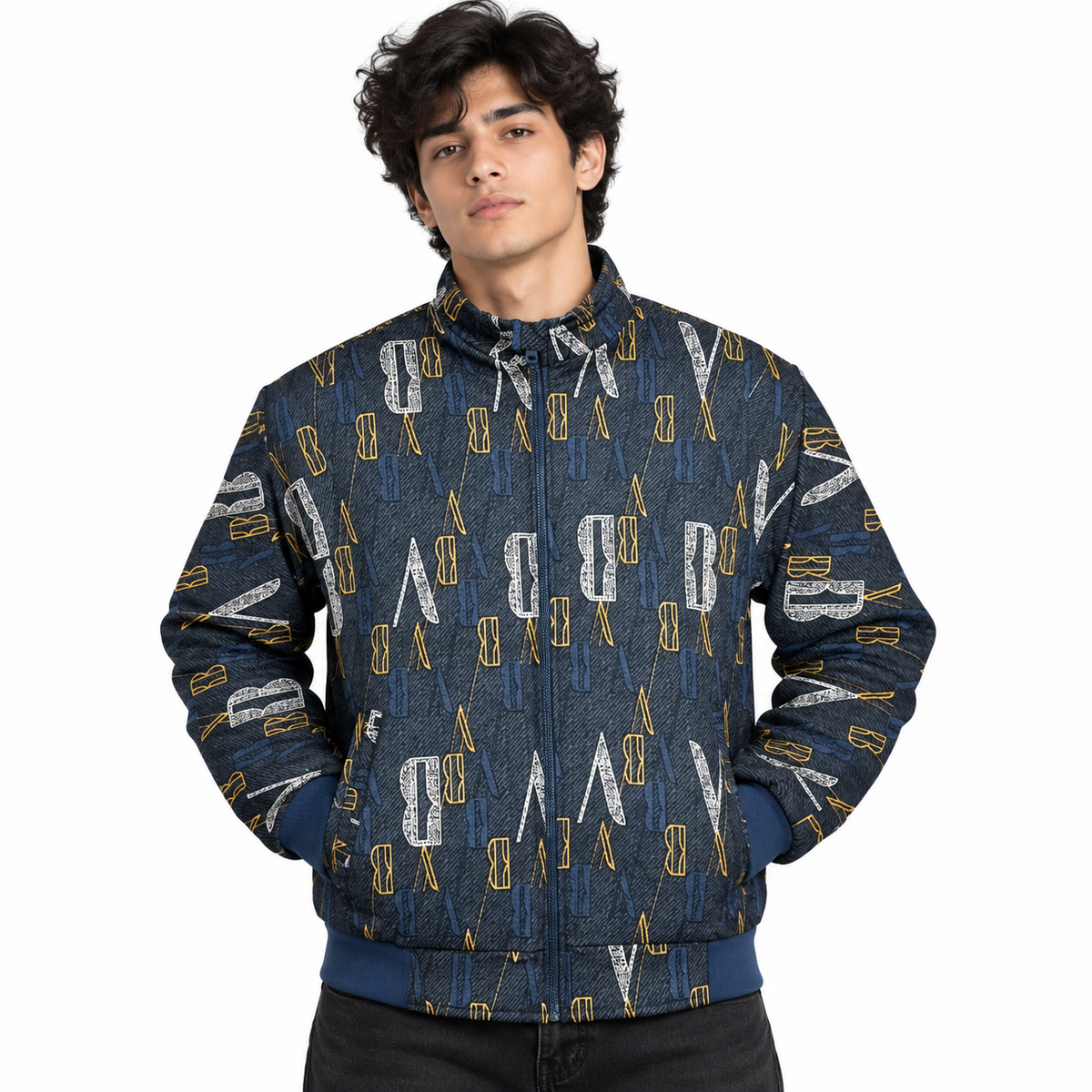 Unisex Navy Blue Letter Print Cotton Zip-Up Jacket