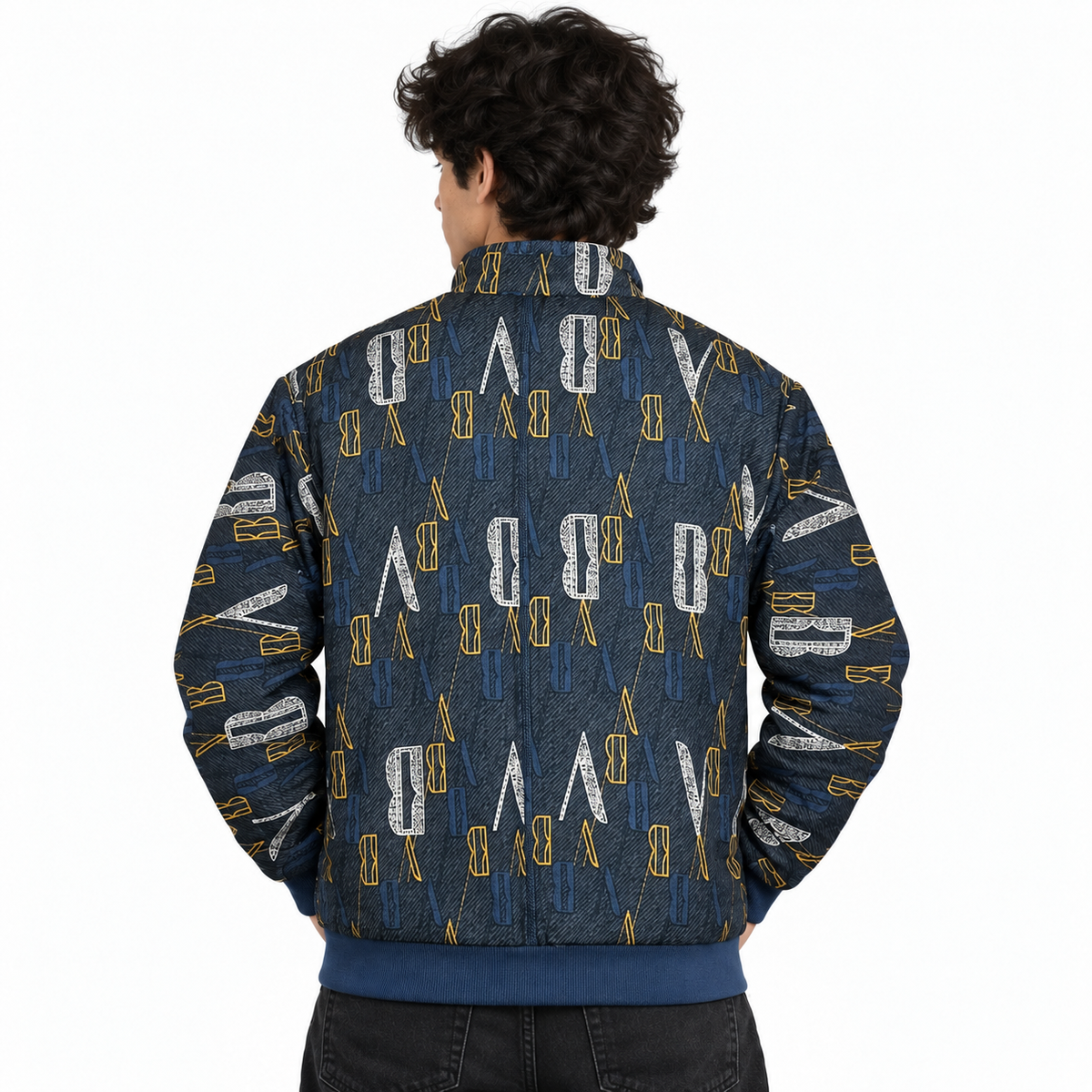 Unisex Navy Blue Letter Print Cotton Zip-Up Jacket
