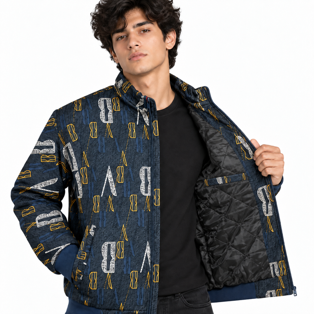Unisex Navy Blue Letter Print Cotton Zip-Up Jacket