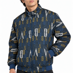 Unisex Navy Blue Letter Print Cotton Zip-Up Jacket