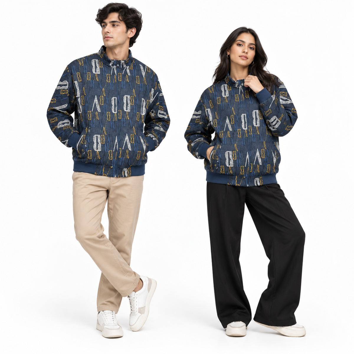 Unisex Navy Blue Letter Print Cotton Zip-Up Jacket