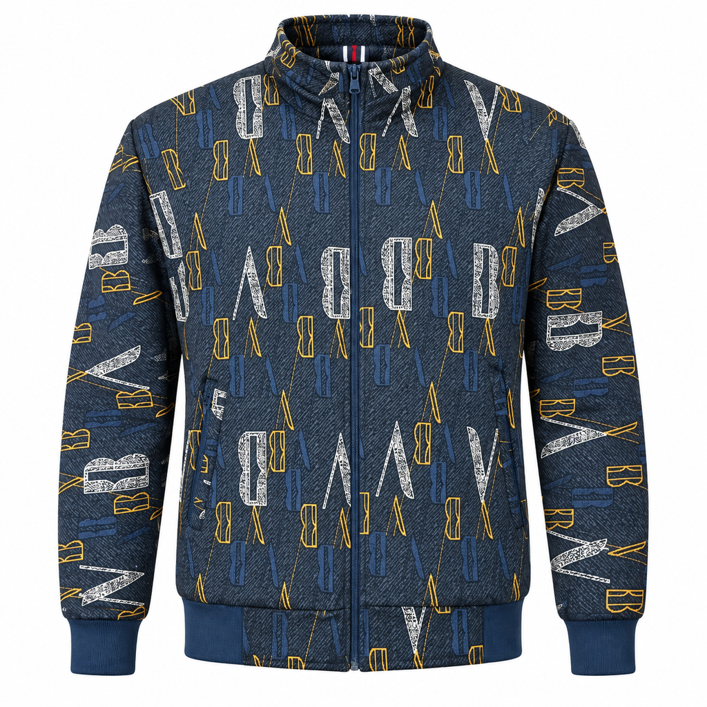 Unisex Navy Blue Letter Print Cotton Zip-Up Jacket