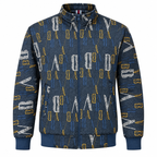 Unisex Navy Blue Letter Print Cotton Zip-Up Jacket