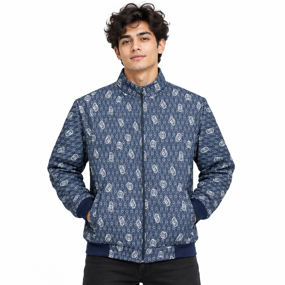 Navy Blue & White GG Monogram Jacquard Knit Zip-Up Jacket