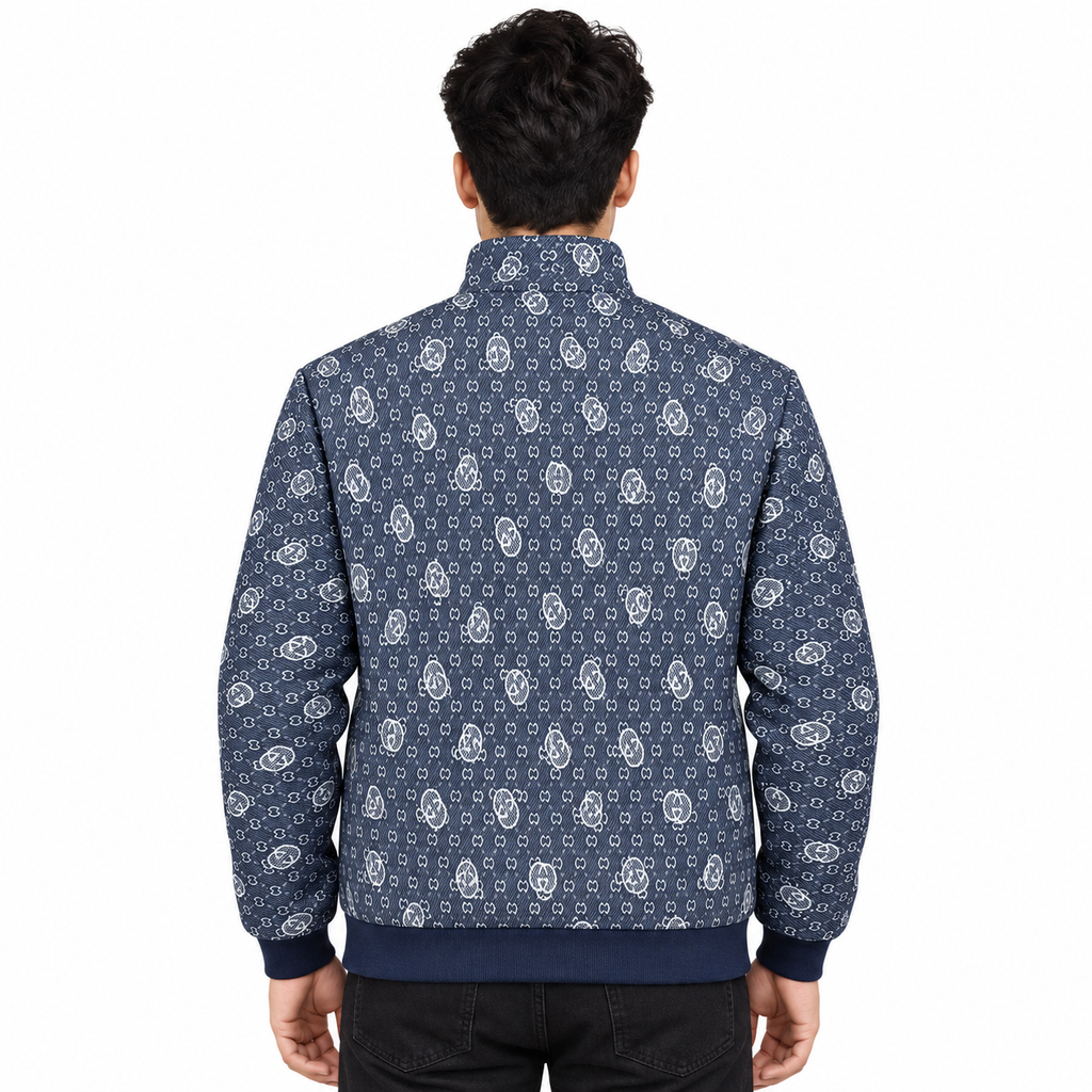 Navy Blue & White GG Monogram Jacquard Knit Zip-Up Jacket