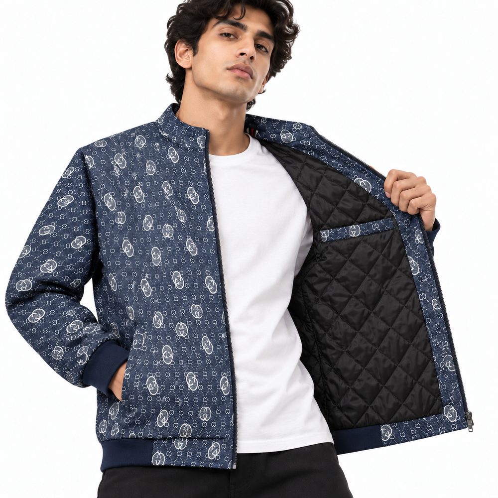Navy Blue & White GG Monogram Jacquard Knit Zip-Up Jacket