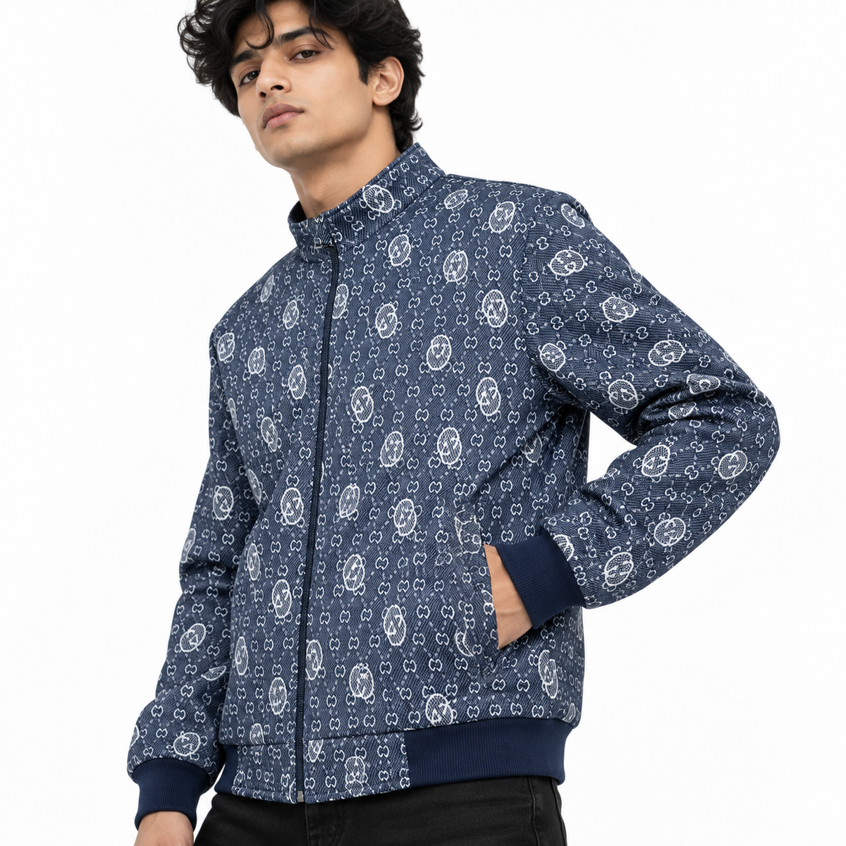 Navy Blue & White GG Monogram Jacquard Knit Zip-Up Jacket