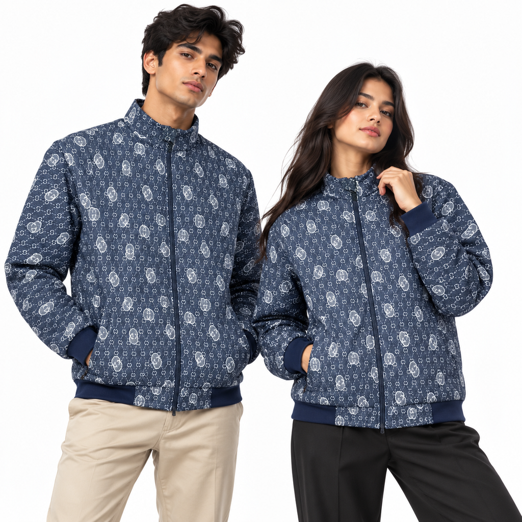 Navy Blue & White GG Monogram Jacquard Knit Zip-Up Jacket