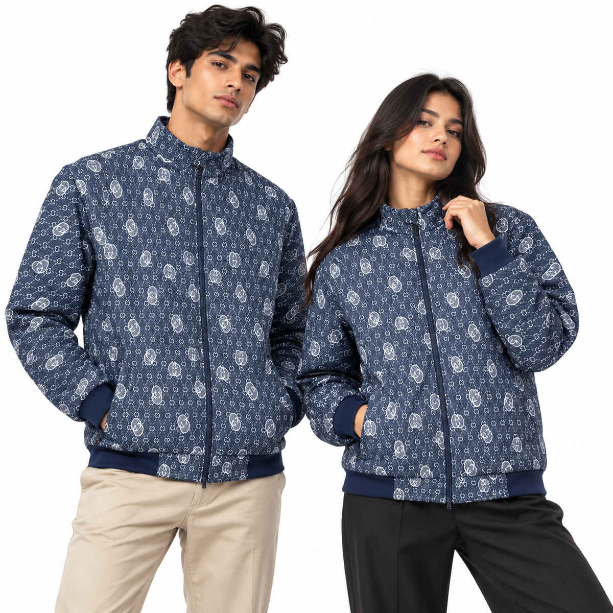Navy Blue & White GG Monogram Jacquard Knit Zip-Up Jacket