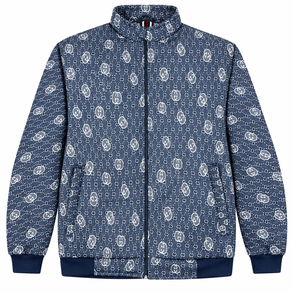 Navy Blue & White GG Monogram Jacquard Knit Zip-Up Jacket
