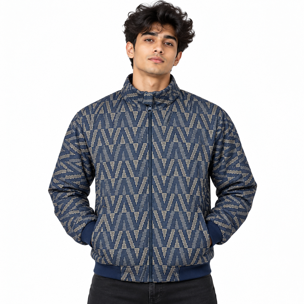 Geometric Chevron Jacquard Zip-Up Jacket