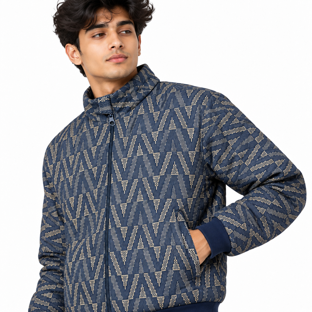 Geometric Chevron Jacquard Zip-Up Jacket