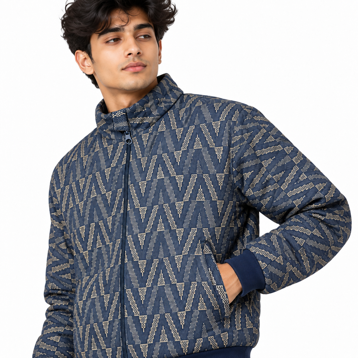 Geometric Chevron Jacquard Zip-Up Jacket