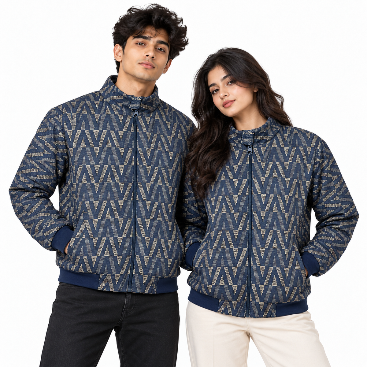 Geometric Chevron Jacquard Zip-Up Jacket