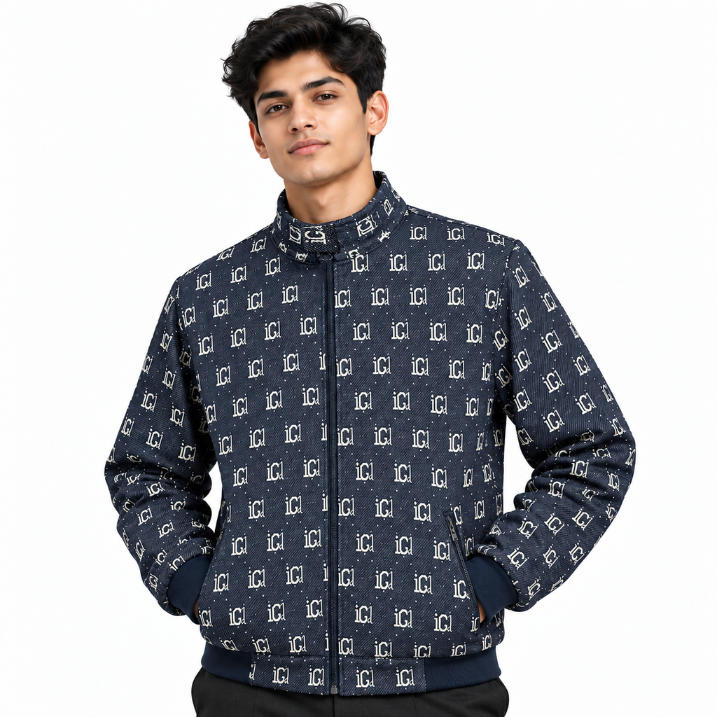 Navy & Cream IG Monogram Jacquard Woven Zip-Up Jacket