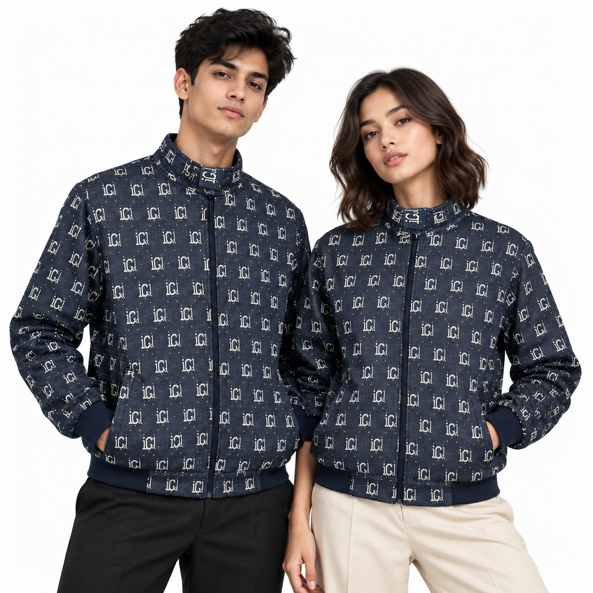 Navy & Cream IG Monogram Jacquard Woven Zip-Up Jacket
