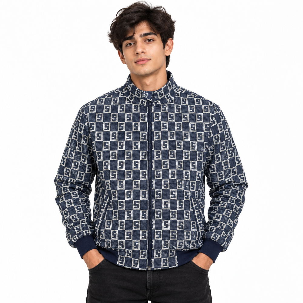 Navy & Silver S-Check Jacquard Woven Zip-Up Jacket