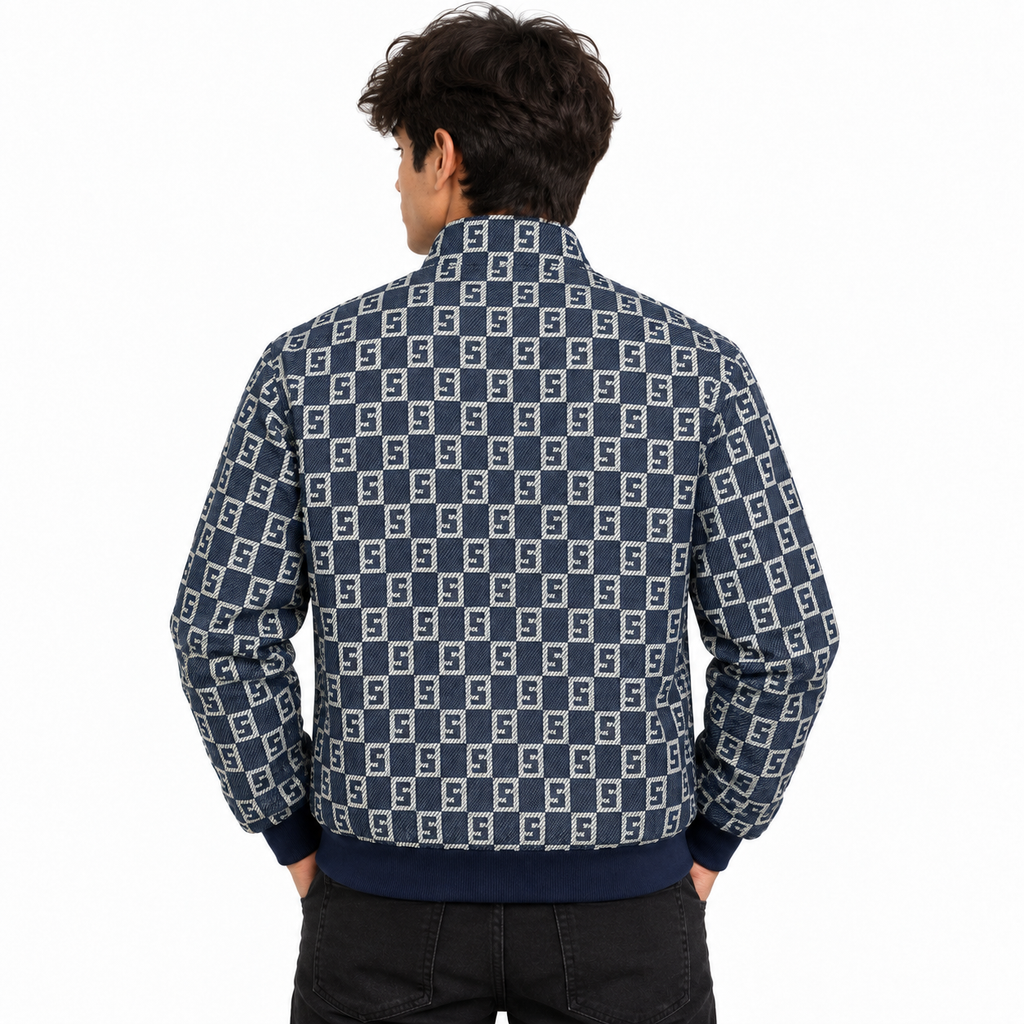 Navy & Silver S-Check Jacquard Woven Zip-Up Jacket