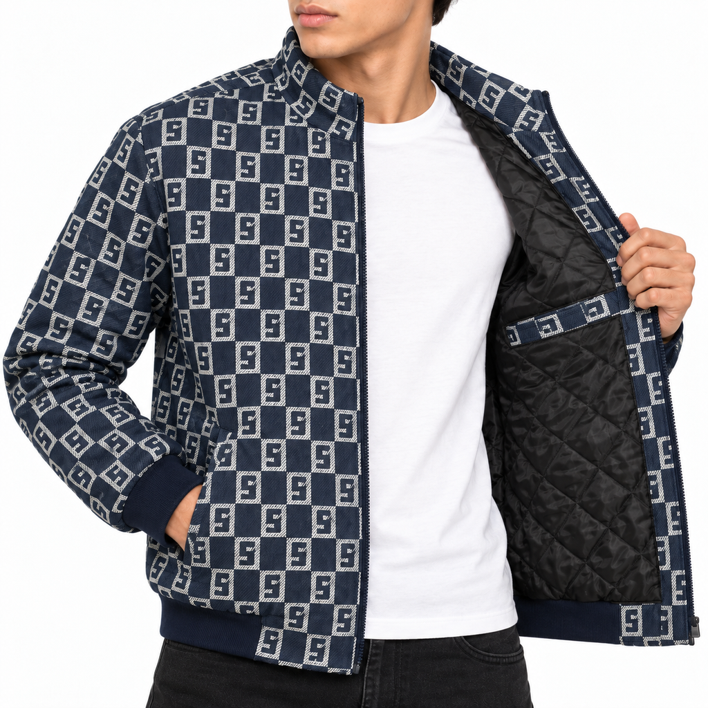 Navy & Silver S-Check Jacquard Woven Zip-Up Jacket