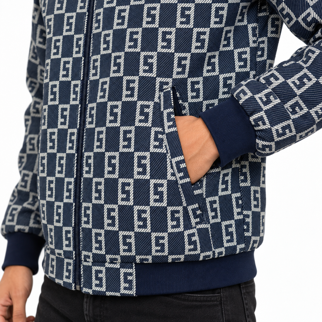 Navy & Silver S-Check Jacquard Woven Zip-Up Jacket
