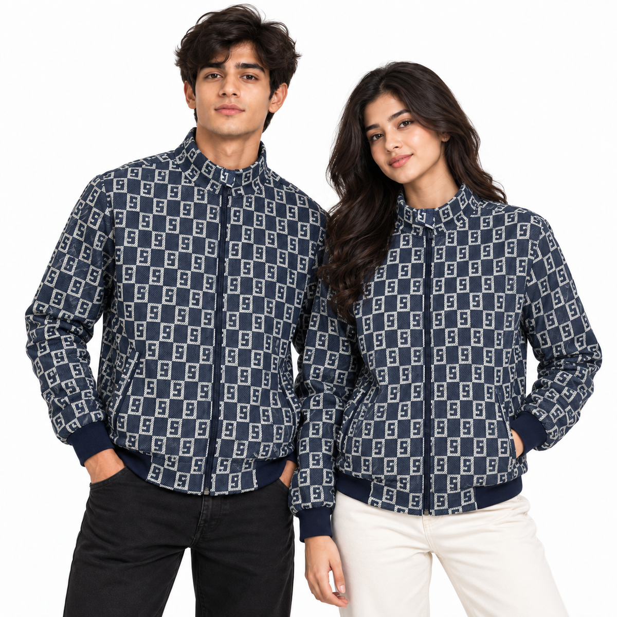 Navy & Silver S-Check Jacquard Woven Zip-Up Jacket