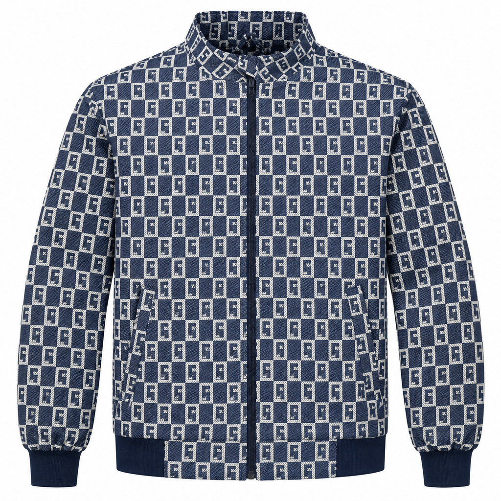 Navy & Silver S-Check Jacquard Woven Zip-Up Jacket