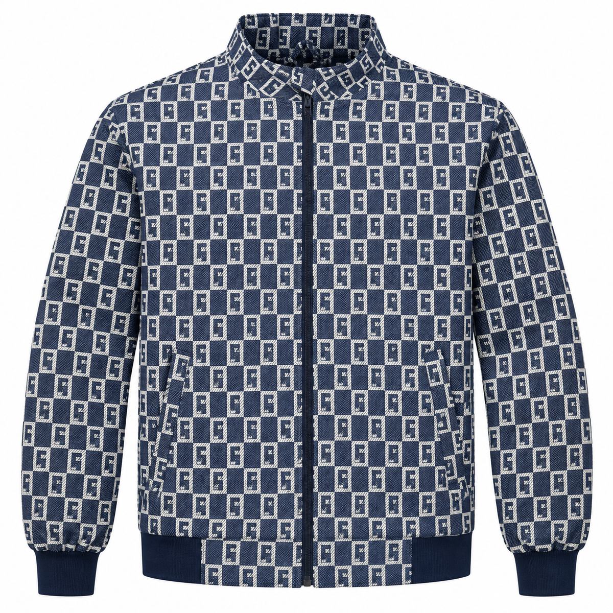 Navy & Silver S-Check Jacquard Woven Zip-Up Jacket