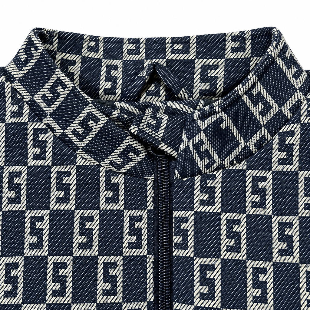 Navy & Silver S-Check Jacquard Woven Zip-Up Jacket