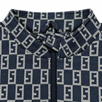 Navy & Silver S-Check Jacquard Woven Zip-Up Jacket