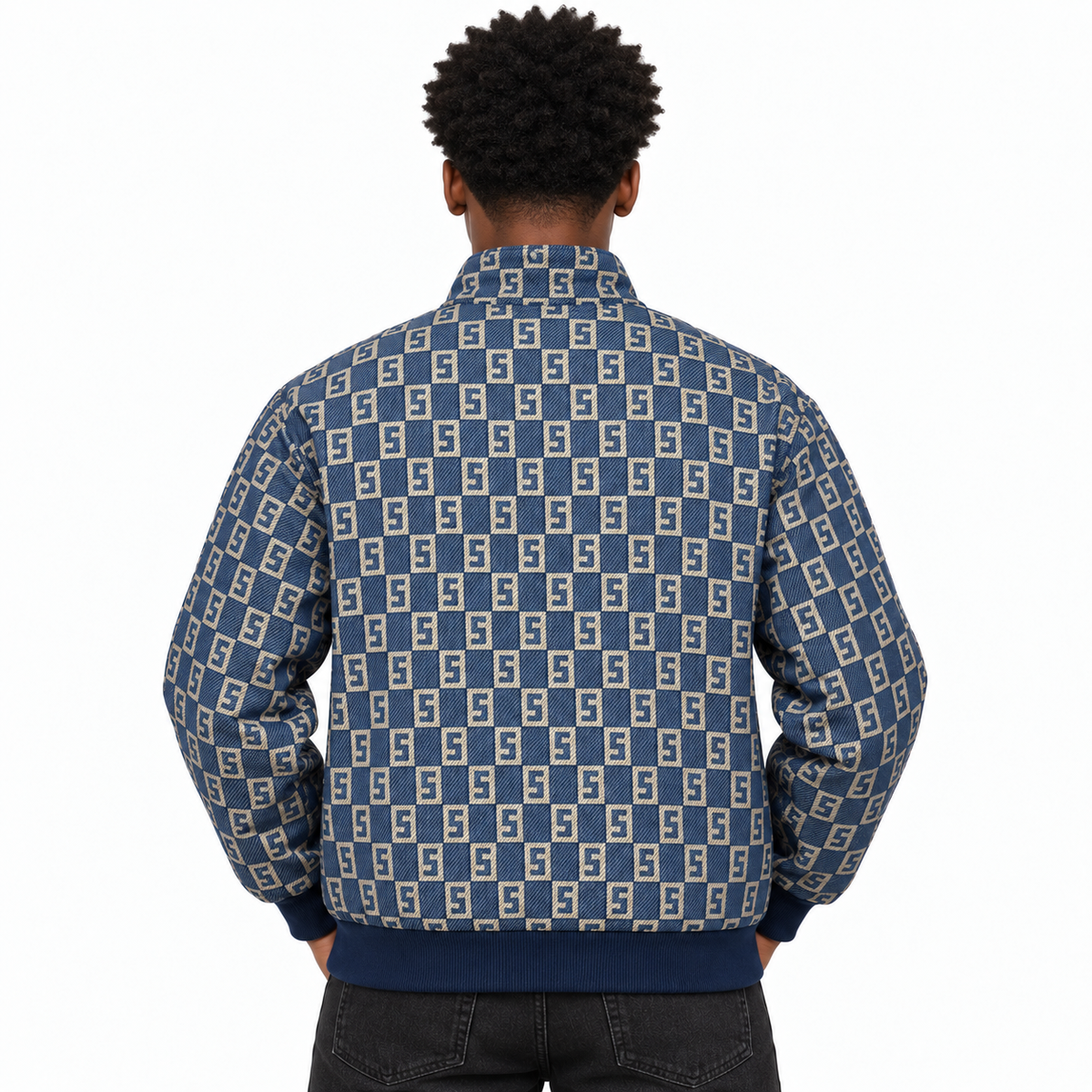 Navy & Beige S-Monogram Check Jacquard Zip-Up Jacket