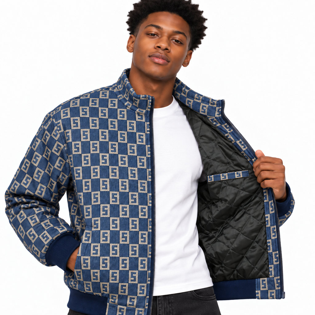 Navy & Beige S-Monogram Check Jacquard Zip-Up Jacket