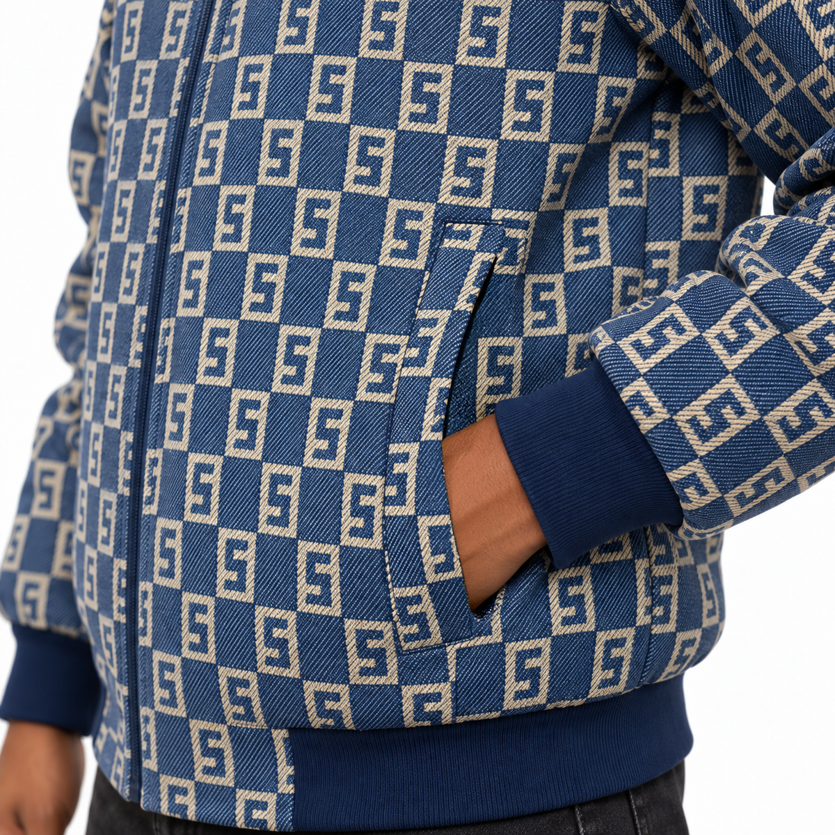 Navy & Beige S-Monogram Check Jacquard Zip-Up Jacket