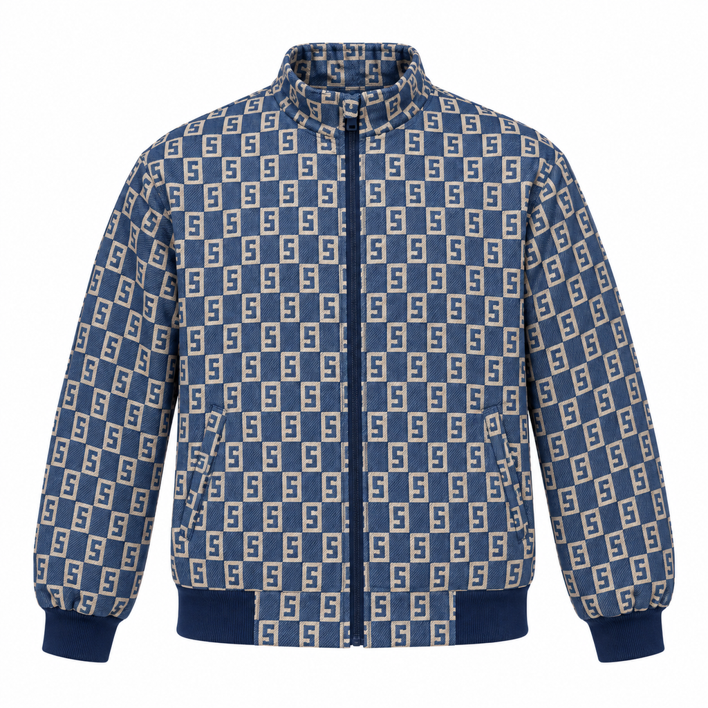 Navy & Beige S-Monogram Check Jacquard Zip-Up Jacket