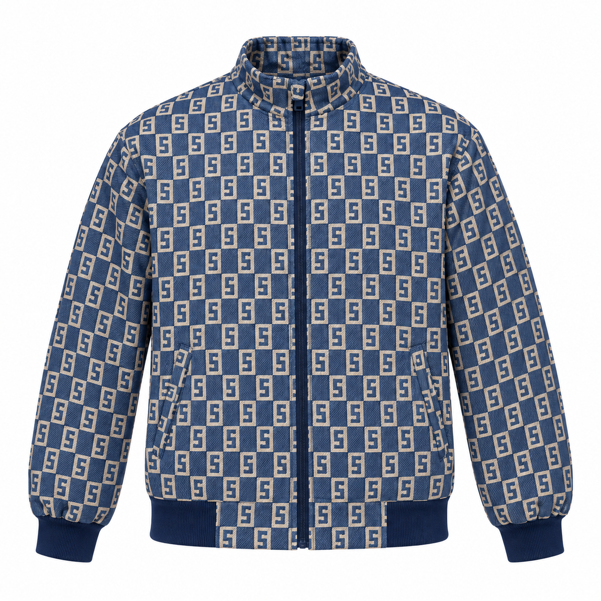 Navy & Beige S-Monogram Check Jacquard Zip-Up Jacket