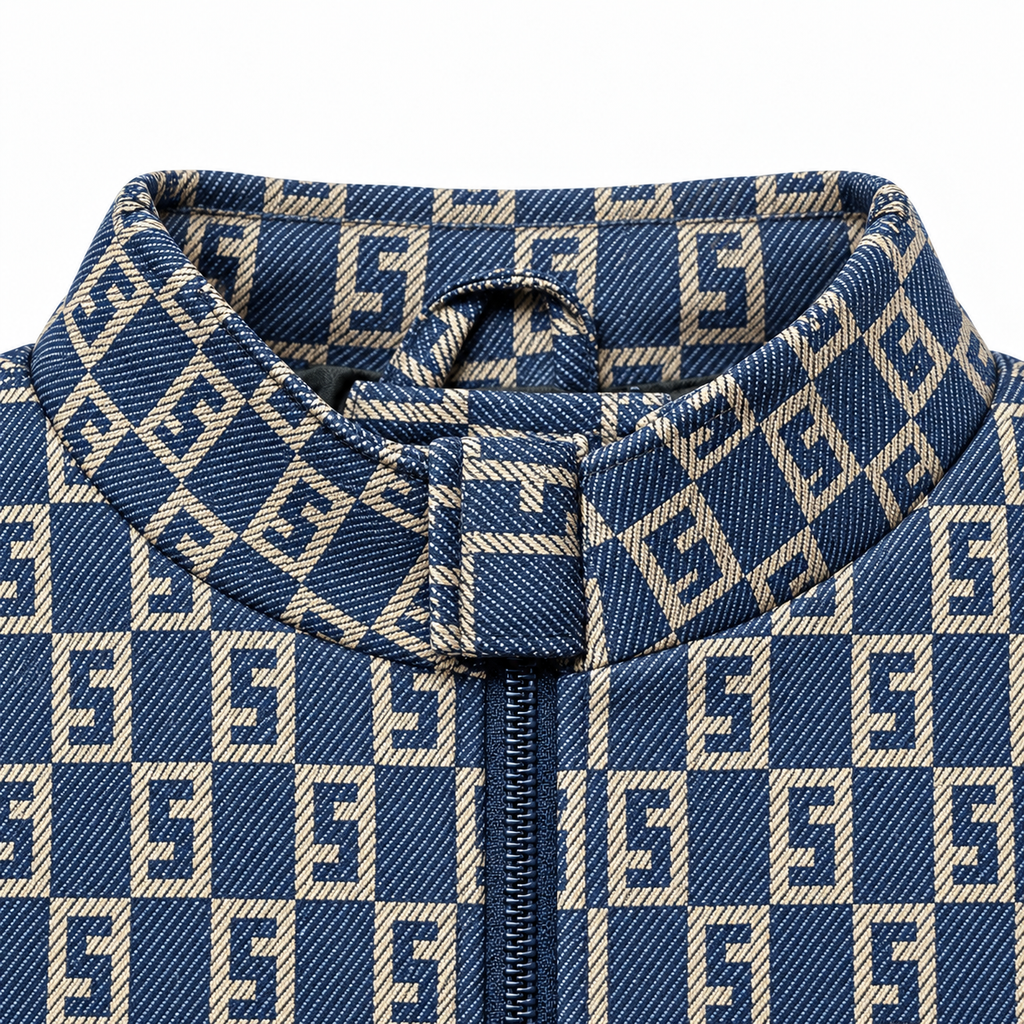 Navy & Beige S-Monogram Check Jacquard Zip-Up Jacket